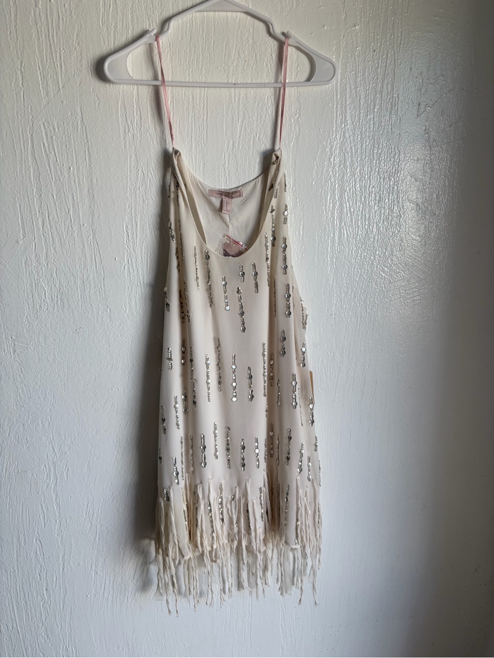 Forever 21 Cream Beaded Fringe Slip Dress with Pink Straps